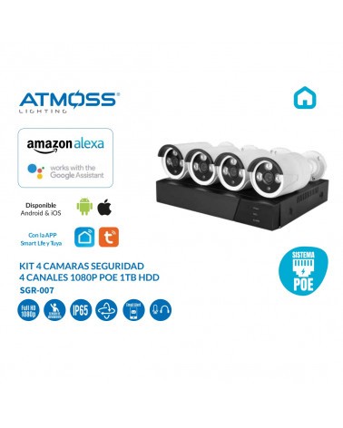 ATMOSS KIT 4 CÁMARAS SEGURIDAD POE 4 CANALES 1080P 1TB HDD