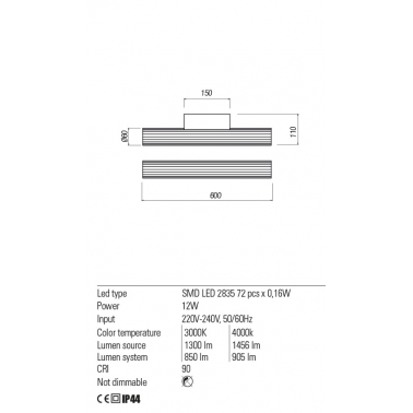 REDO RIGAL 600 Aplique de Baño 3000K