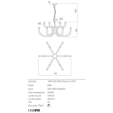 REDO LUXOR 750 Candelabro de Techo Oro Mate