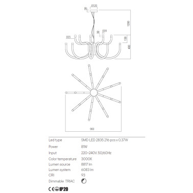 REDO LUXOR 960 Candelabro de Techo Blanco Brillo