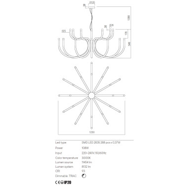 REDO LUXOR 1250 Candelabro de Techo Oro Mate