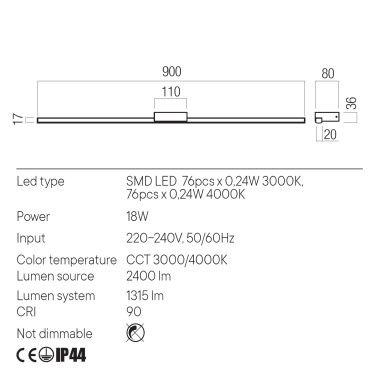 REDO ASTON 900 Aplique de Baño Blanco